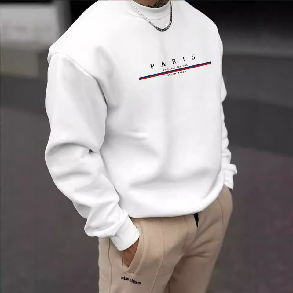 New Men Fashion Printed With Letters Sport Long-sleeved Solid Color Loose Casual Cotton Crew Neck