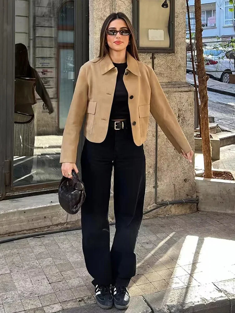 Autumn artificial suede womens jacket fashion lapel single chest short sleeved pocket womens jacket womens jacket 241023