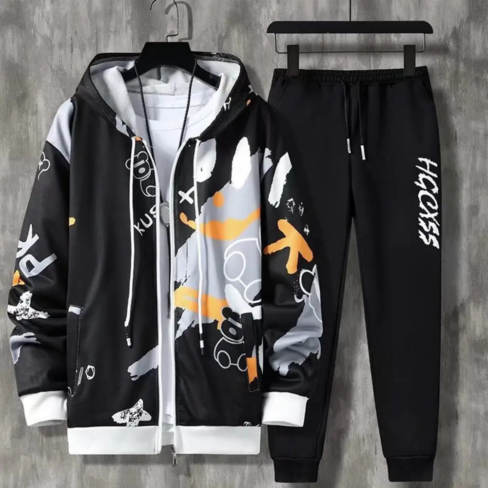2 pieces/set of mens jackets pants hoodies letter printing drawstring loose jogging suit hip-hop shoulder strap mens sportswear 241023