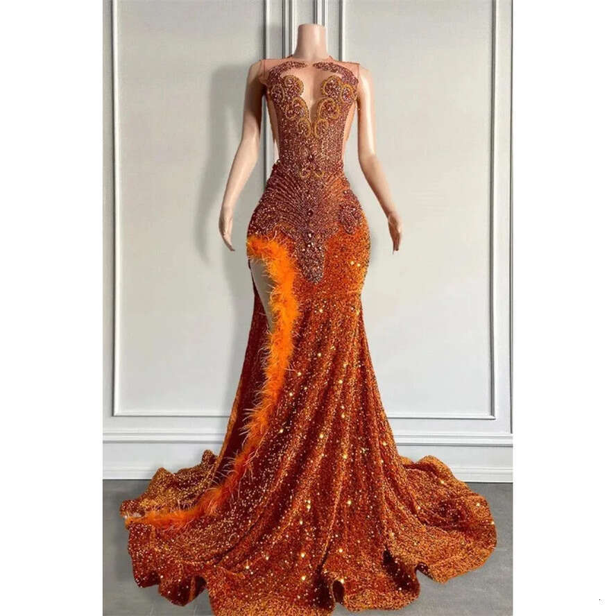 Orange Prom Urious Mermaid Dresses For Black Girls 2024 Graduation Evening Party Gowns Sexy Split Feather Beadings Crystlas Vestidos De Bal Bc18623
