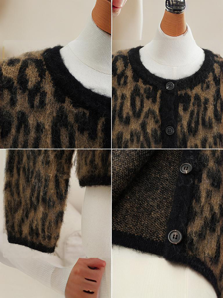 Tossy Female Leopard Sweater Fashion Printed Contrast Loose Long Sleeve Commute Cropped Coat Women's Autumn Cardigan