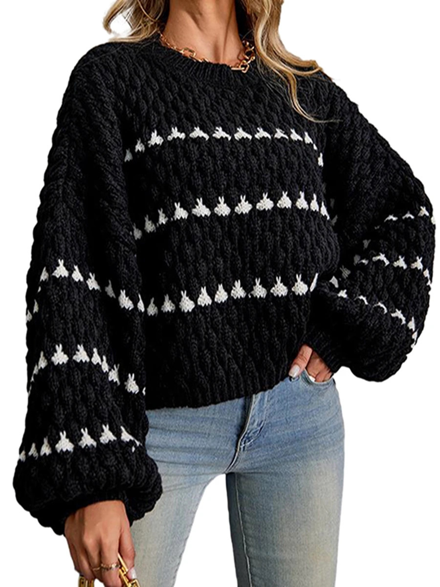 Sweaters for Women Long Sleeve Striped Oversized Trendy Casual Crew Neck Knitted Tops Pullover Jumper 241029
