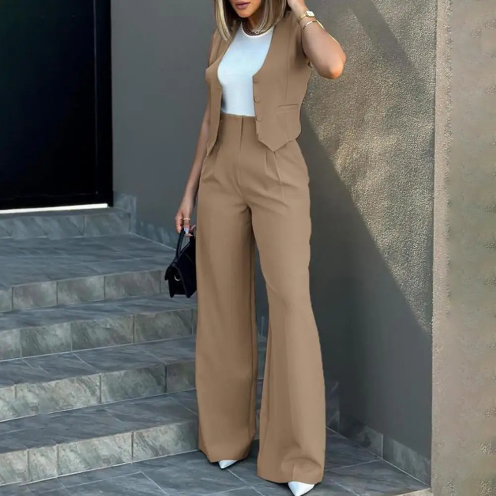 Womens suit womens vest elegant womens bag pants set sleeveless vest womens high waist wide leg pants suitable for fashion 241023