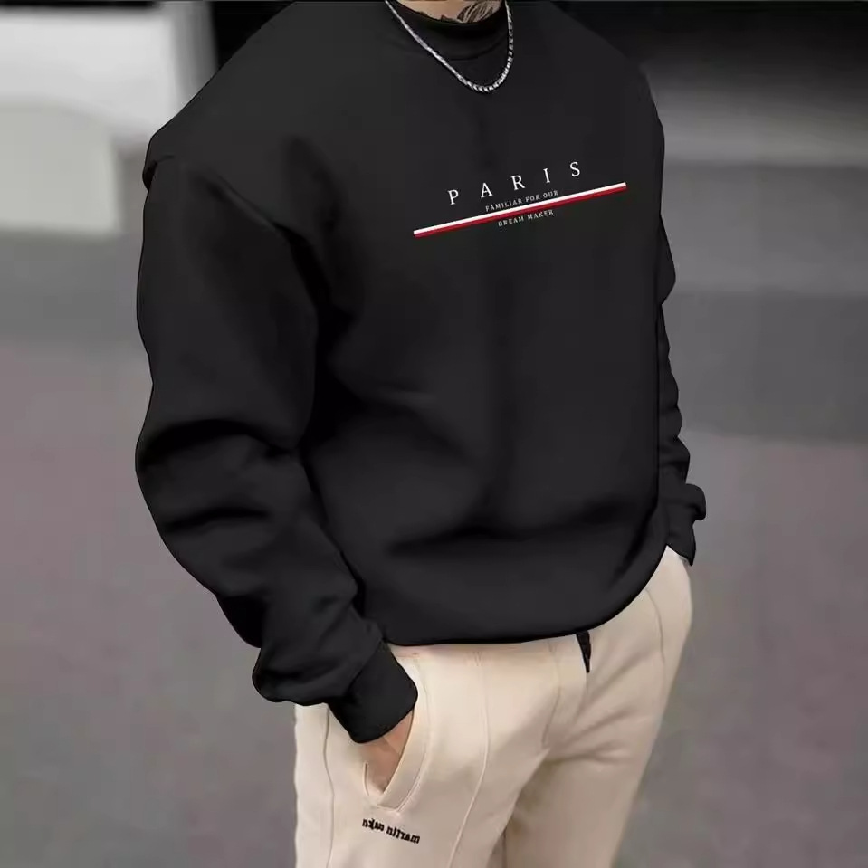 New Men Fashion Printed With Letters Sport Long-sleeved Solid Color Loose Casual Cotton Crew Neck