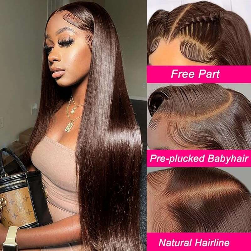Straight Frontal 13x4 Lace Front Wigs Pre Plucked with Baby 150% Density Brown Colored Wig Human Hair