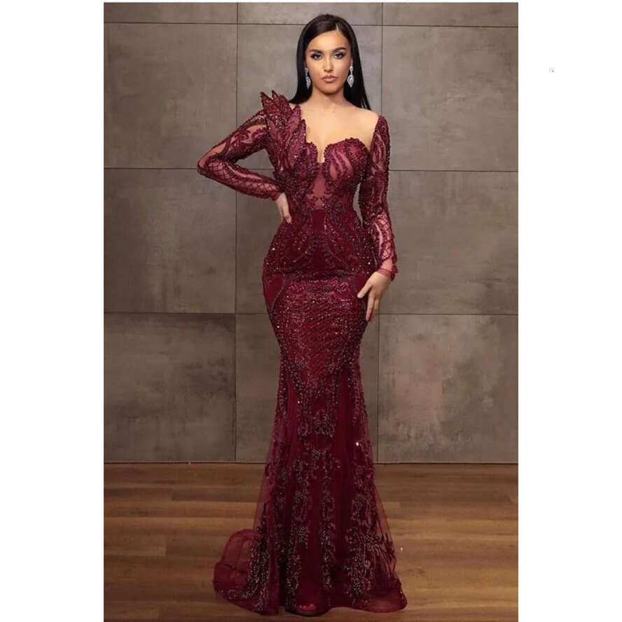 Aso Arabic Ebi Urious Dark Red Evening Dresses Beadings Sheer Sleeve Illusion Tulle Satin Long Party Ocn Gowns Formal Vestidos Prom Bc