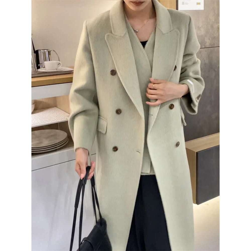 Rose Two-Piece Double-Sided Cashmere Women Mid-Length New Fashion Loose Warm Waistcoat Lael Woolen Coat Autumn Winter