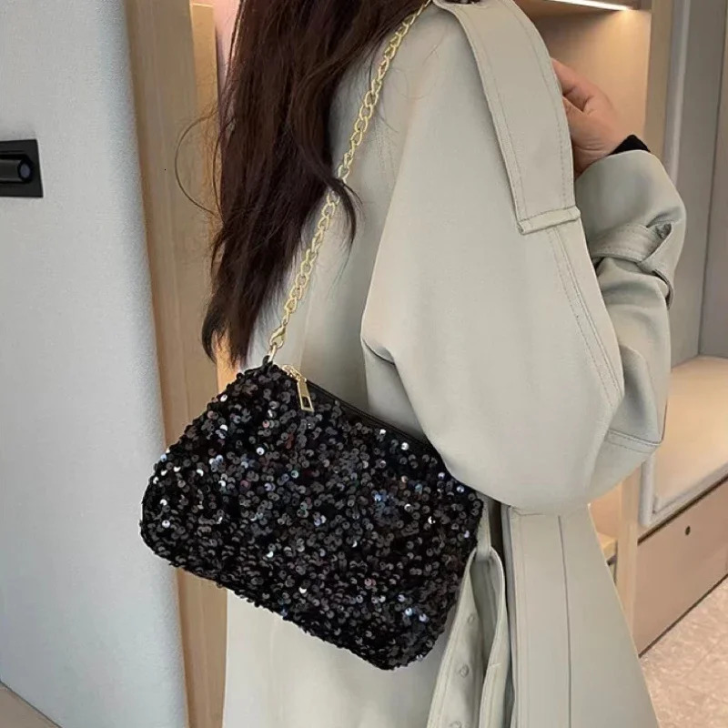 Sequins Crossbody Chain Bag Simple INS Solid Color Sequins Shoulder Bag Mobile Wallet Night Handbag 241023