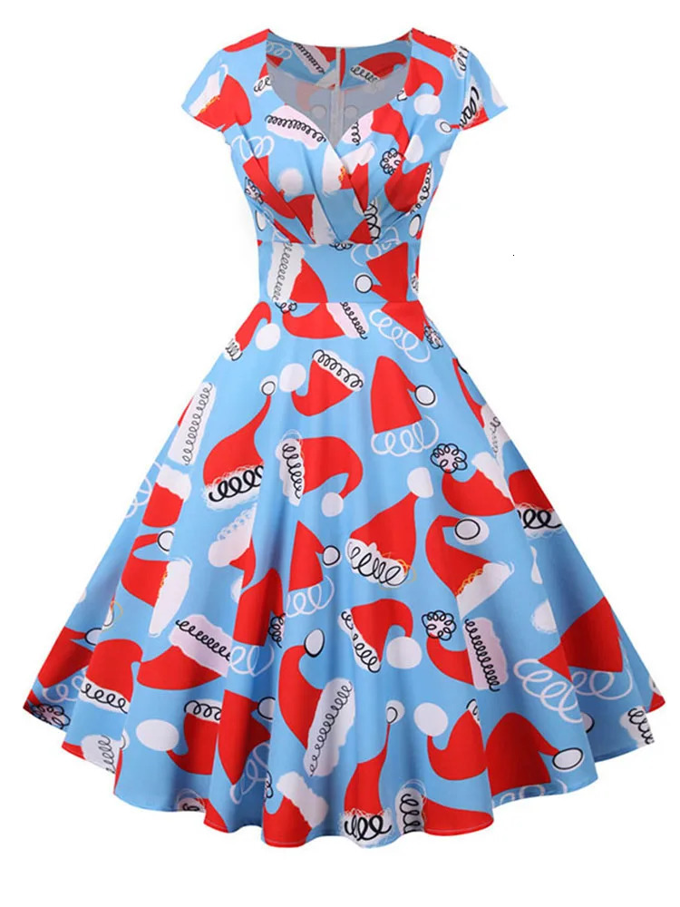 Christmas Party Dress Women Short Sleeve V Neck Elegant Vintage Print Xmas Year Prom Sundress 3XL Robe 241022