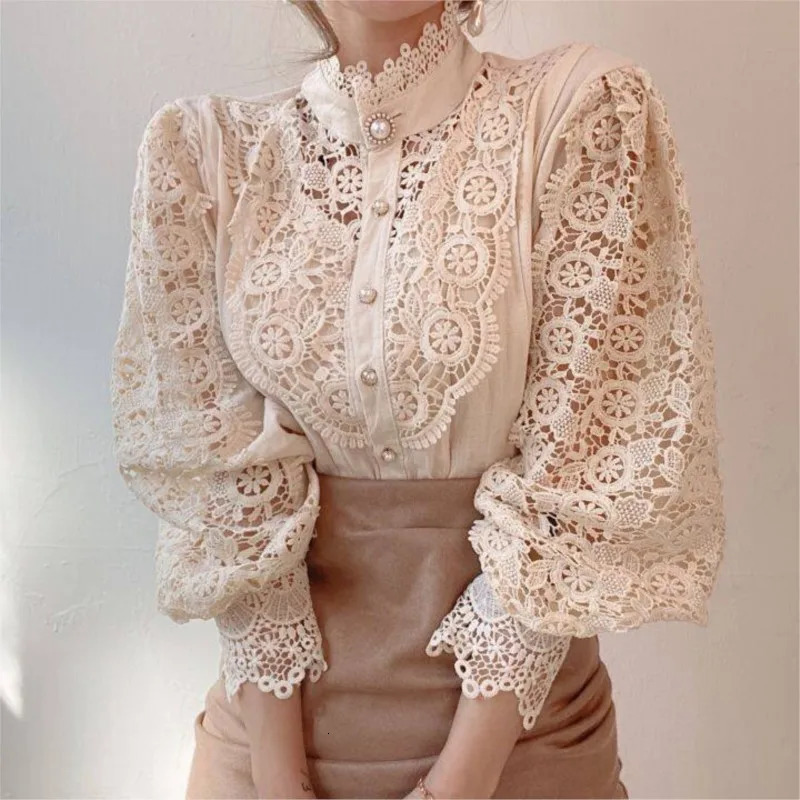 Elegant Stand Collar Long Sleeve Single Breasted Shirt Top Womens Fashion Spring Solid Color Lace Hollow Office Female 241022