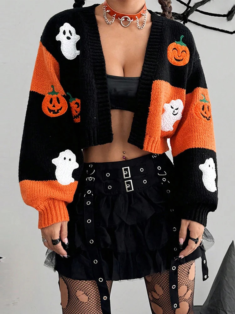 Casual Ghost Pumpkin Pattern Knitted Cardigan Retro Long Sleeve Patchwork Womens Crop Sweater Autumn Womens Clothing 241022