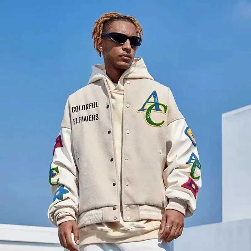 Floral embroidery plush jacket mens and womens T-shirt college baseball jacket motorcycle patch work hip-hop bomber jacket autumn 2023 X241023