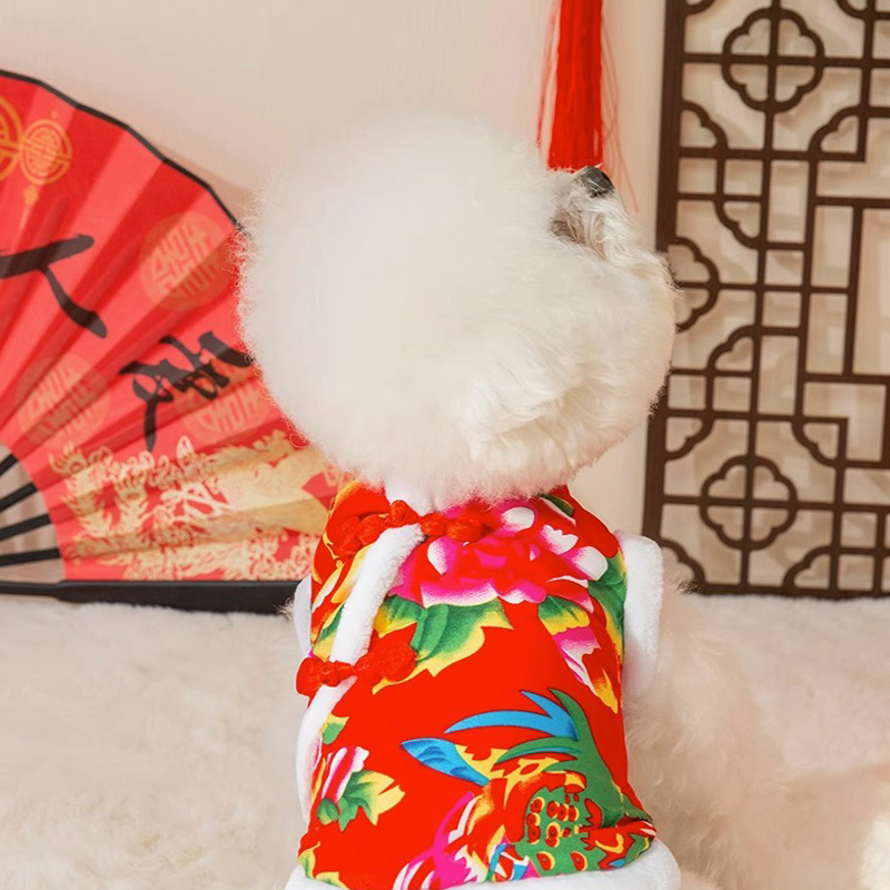 Autumn and winter ethnic style Northeast big flowers cotton jacket dog clothes small and medium-sized dogs Teddy New Year's festive pet clothes