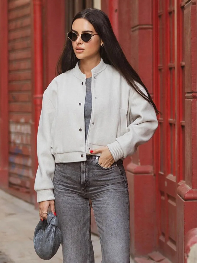 Y2K TRAF coarse tweed womens bomber jacket spring stand collar chic jacket solid womens jacket pocket casual jacket 241023