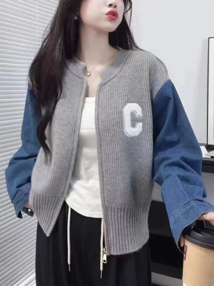 Denim Sleeve Jacket Splicing Knit Cardigan Sweater Womens Autumn Winter n Sense Fashionable Versatile Zipper Contrasting 241021