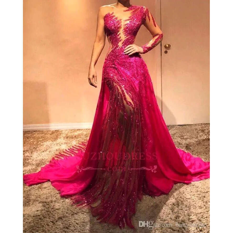 Fuia Sequin Prom Glitter Dresses One Shoulder Mermaid Sparkly Long Sleeves Formal Evening Celebrity Elegant Gowns Bc0504