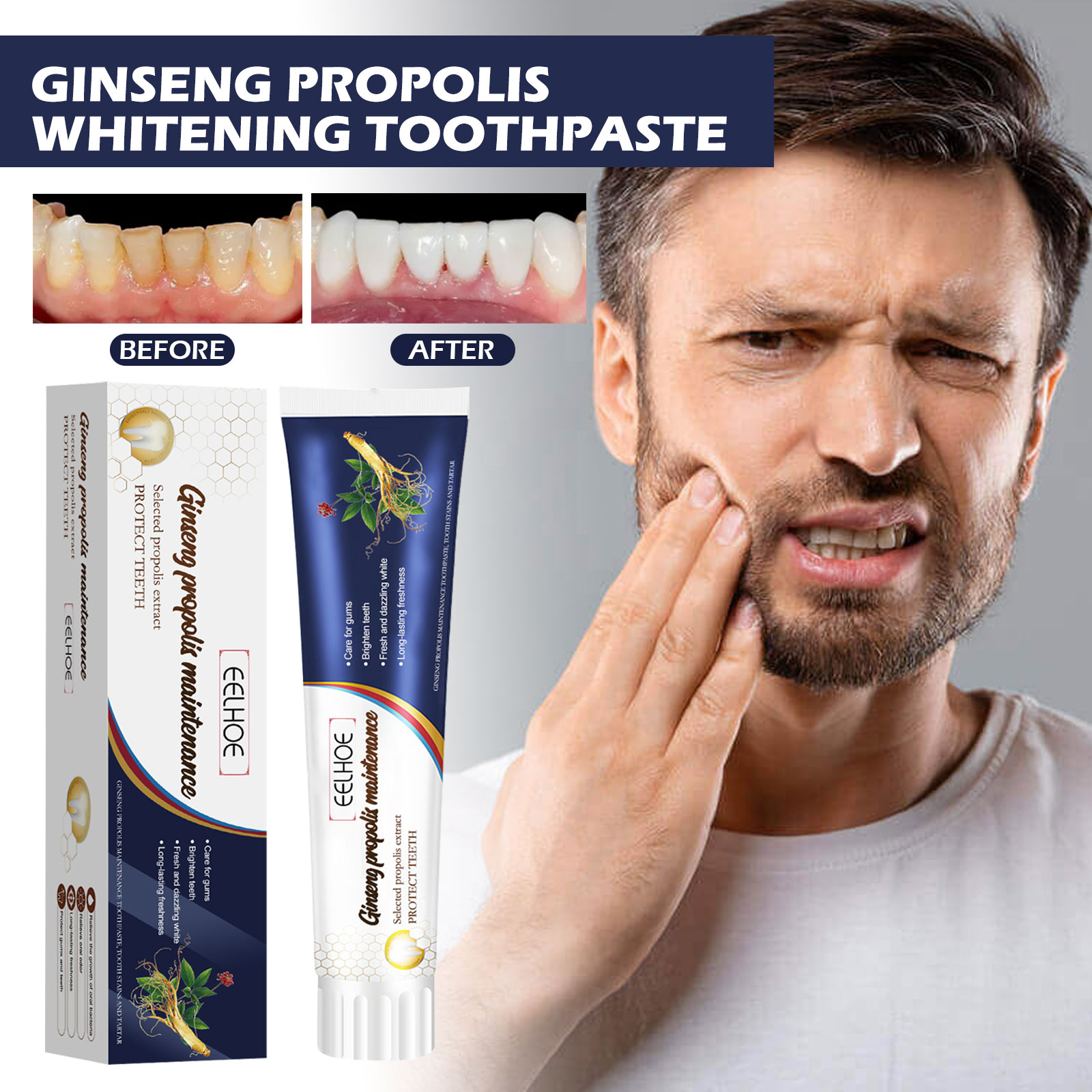 US stock EELHOE Ginseng Propolis Whitening Toothpaste Cleans Teeth Stains and Mouth Odor Whitening Toothpaste Teeth and Gum Care