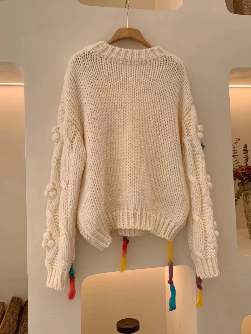 Handknit Coarse Wool Blend Knitted Sweater Colorful Tassel Pullover Tops Autumn Winter Sexy Streetwear Y2K Knitwear C230
