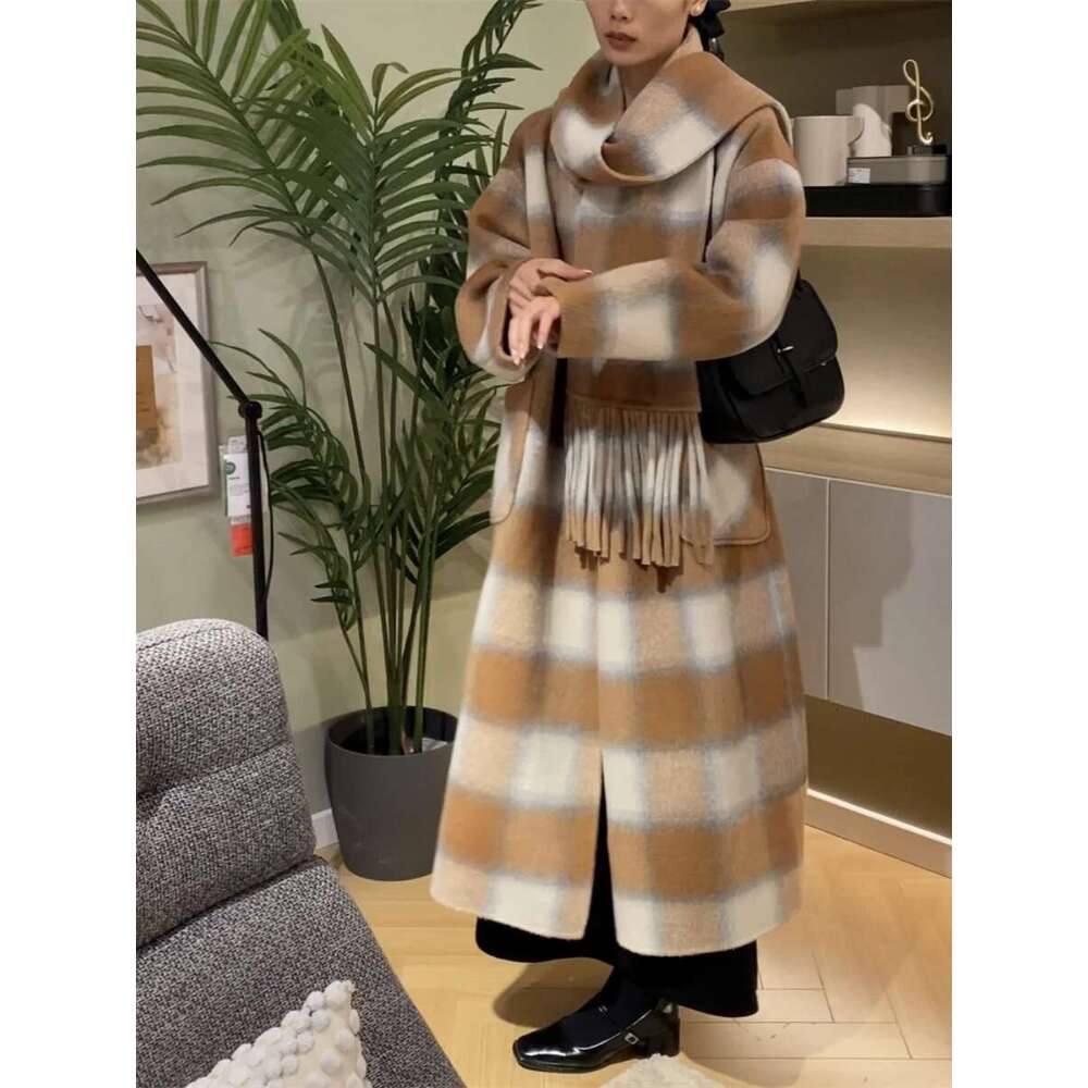 Rose Plaid Double-Sided Cashmere Horn Button Women Long Korean Version Of Loose Scarf V-Neck Woolen Coat 2023 New