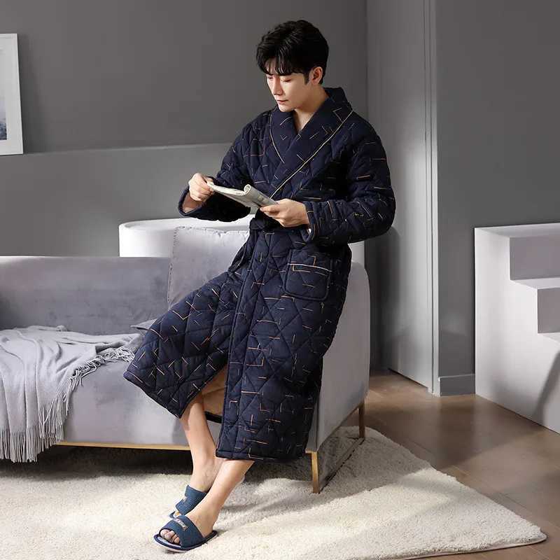 Winter Warm Bathrobe Mens Thick Bathrobe Japan South Korea Pure Cotton Bathrobe Striped Checkered Evening Dress W241023