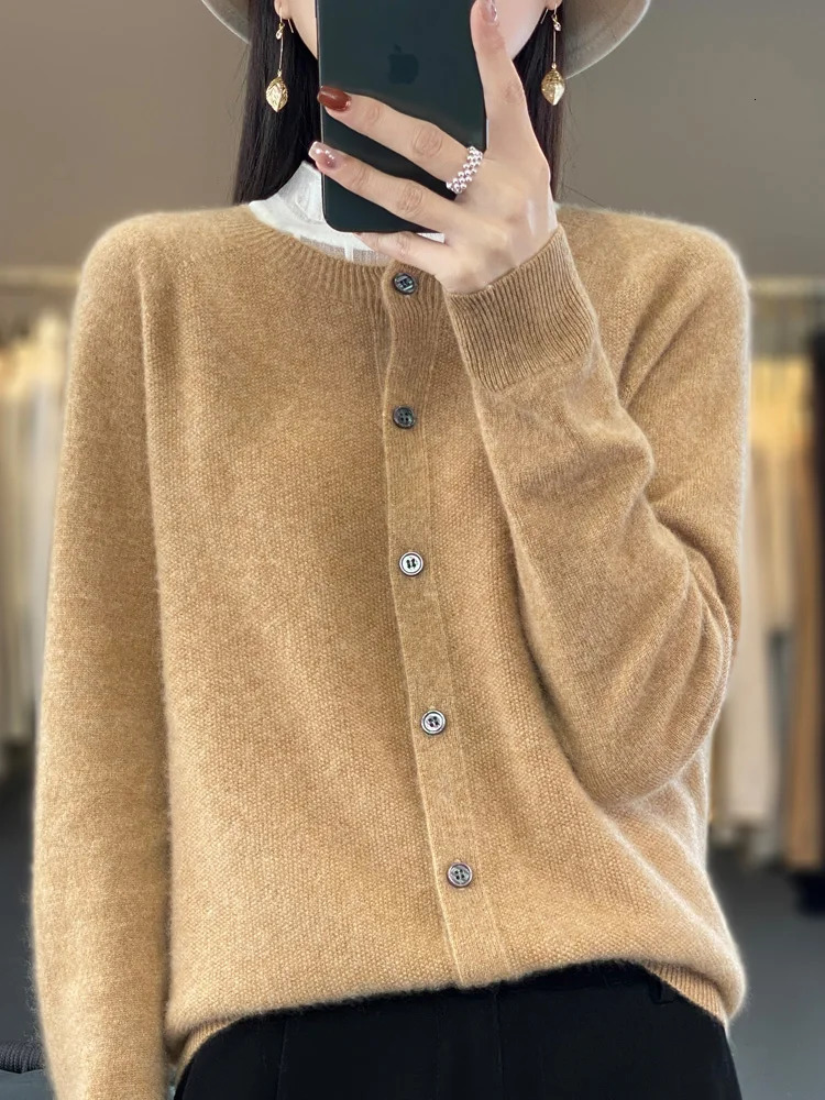 fashion spring womens O-neck elegant cardigan sweater 100% Merino wool solid cashmere knitted womens clothing Korean style top 241022