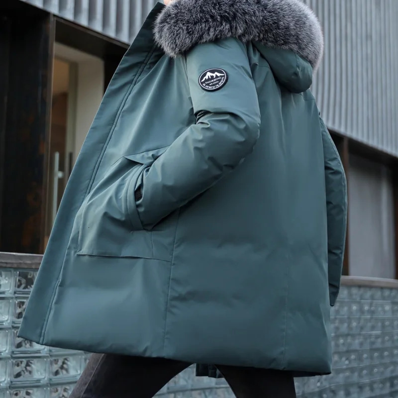 Winter mens mid length down jacket cold personalized fur collar jacket loose thick hood warm mens jacket