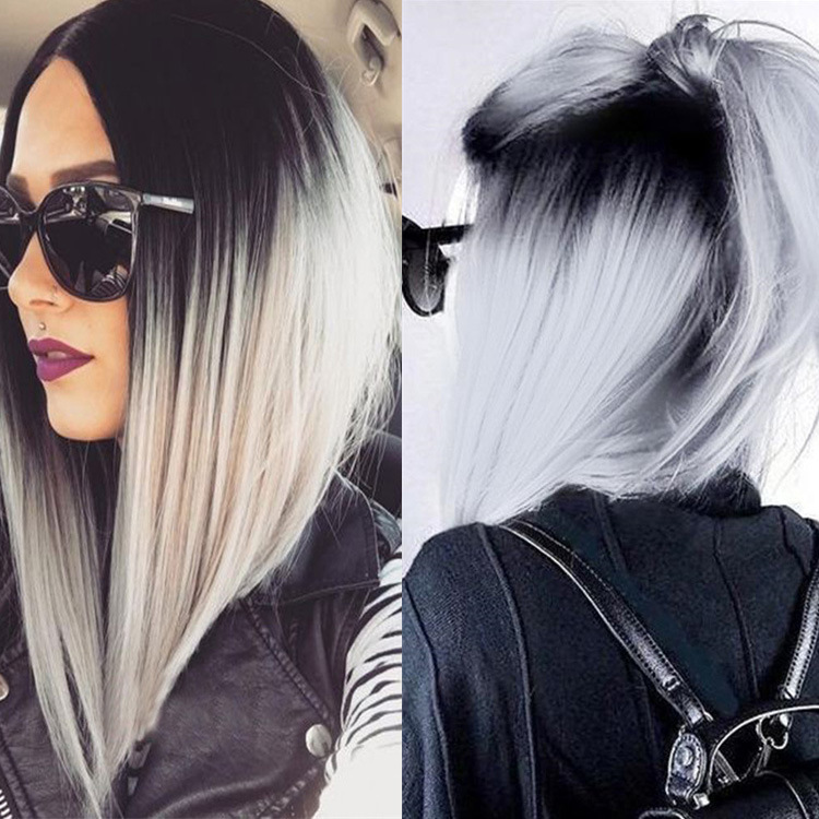 Wig women's medium-length straight hair gradient wig middle-parted bangs chemical fiber wig