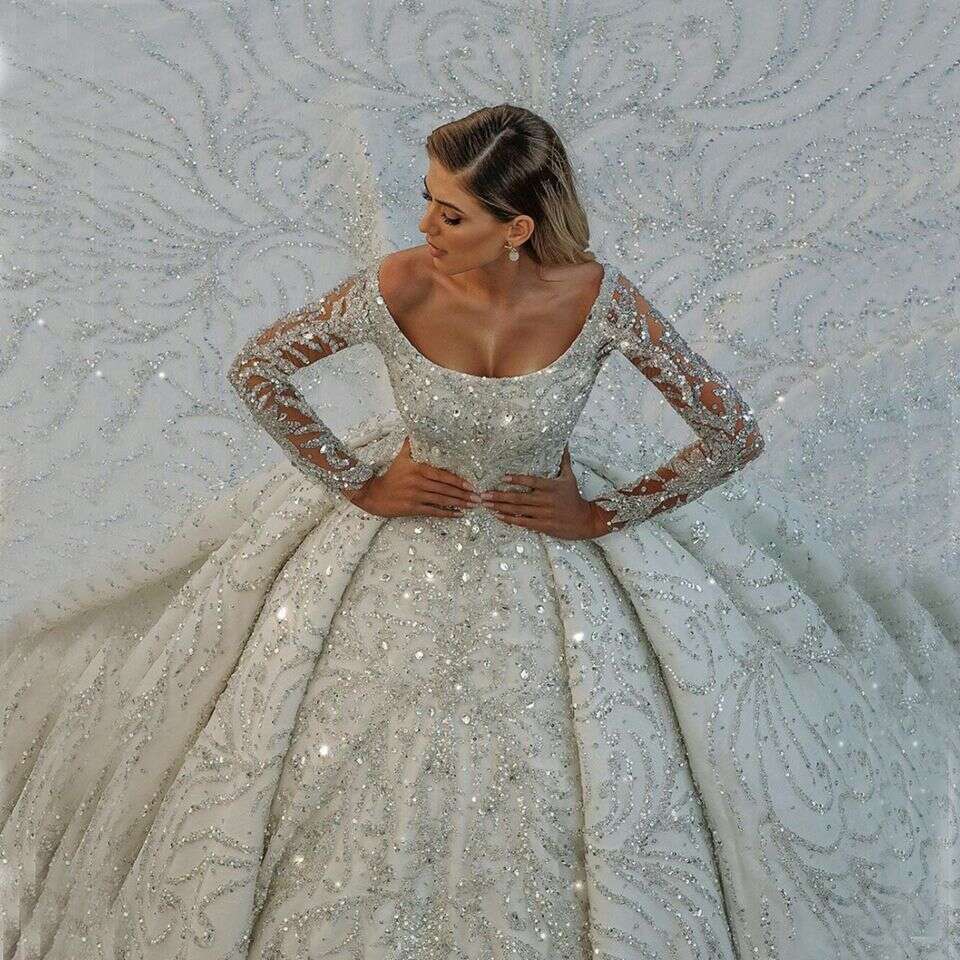 Crystals Beading Long Sleeves Wedding Dresses Arabic Dubai Glitter Sequined Ball Gown Bridal Gowns Vestidos De Novia