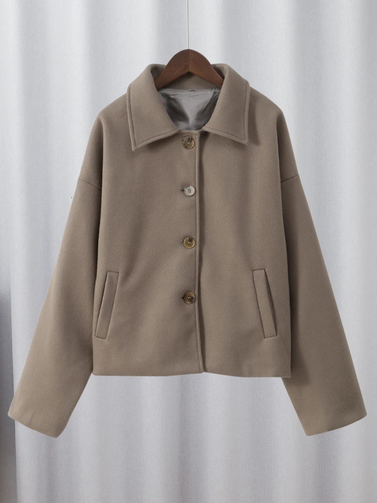 Single breasted lapel solid color wool womens jacket long sleeved bedding coat long sleeved autumn womens casual jacket 241022