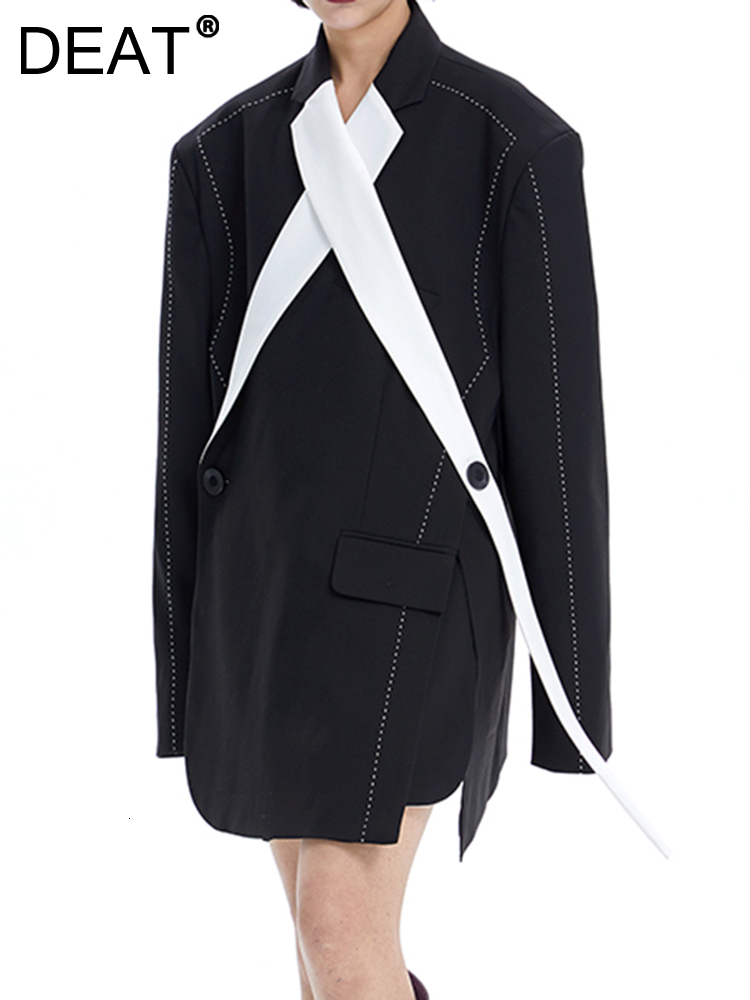 DEAT Fashion Women's Blazer New Loose Notched Double Button Long Sleeve Spliced Contrast Color Suit Jackets Autumn 2024 17A1665