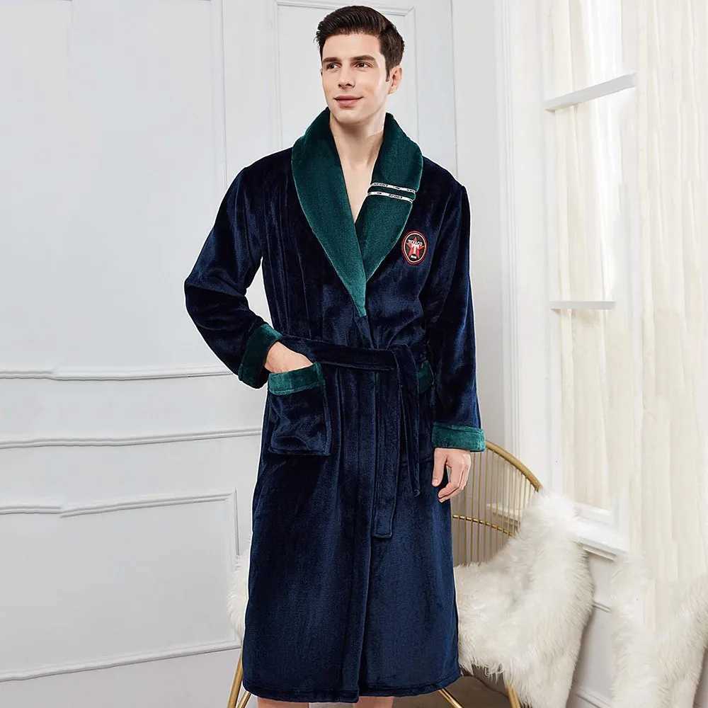 Warm casual and soft spandex mens evening gown with waistband Sp dress flannel trim long kimono bathroom gown and winter new thick robe W241023