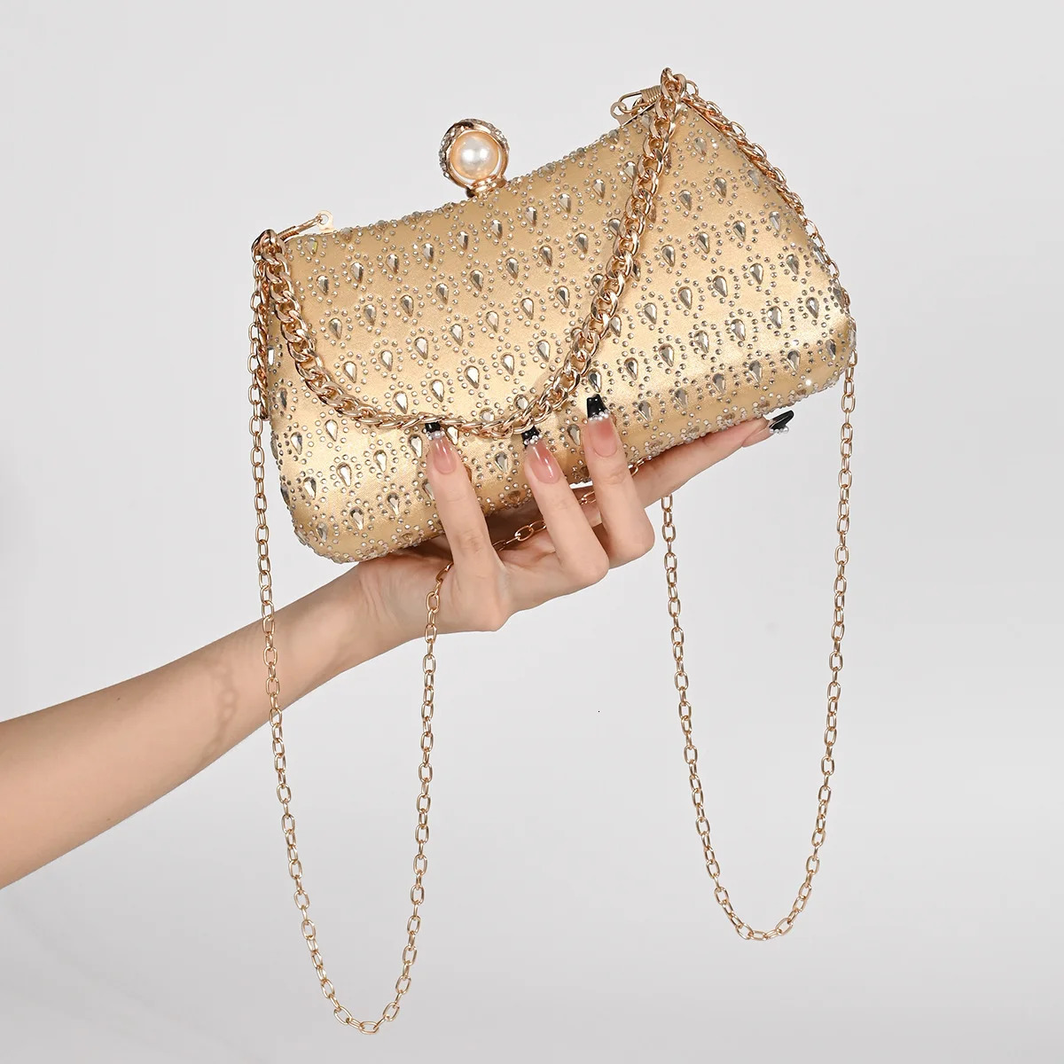 Tears diamonds evening dinner bag pearl buckle top handle handbag chain shoulder wallet half moon rhinestone party clutch 241023