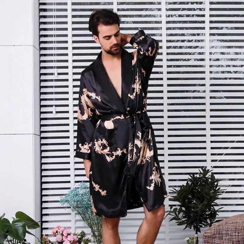 Large size 4XL 5XL mens satin robe set Dragon print 2PCS Spwear Silky Nighty Rob set mens casual kimono loose home textile W241023
