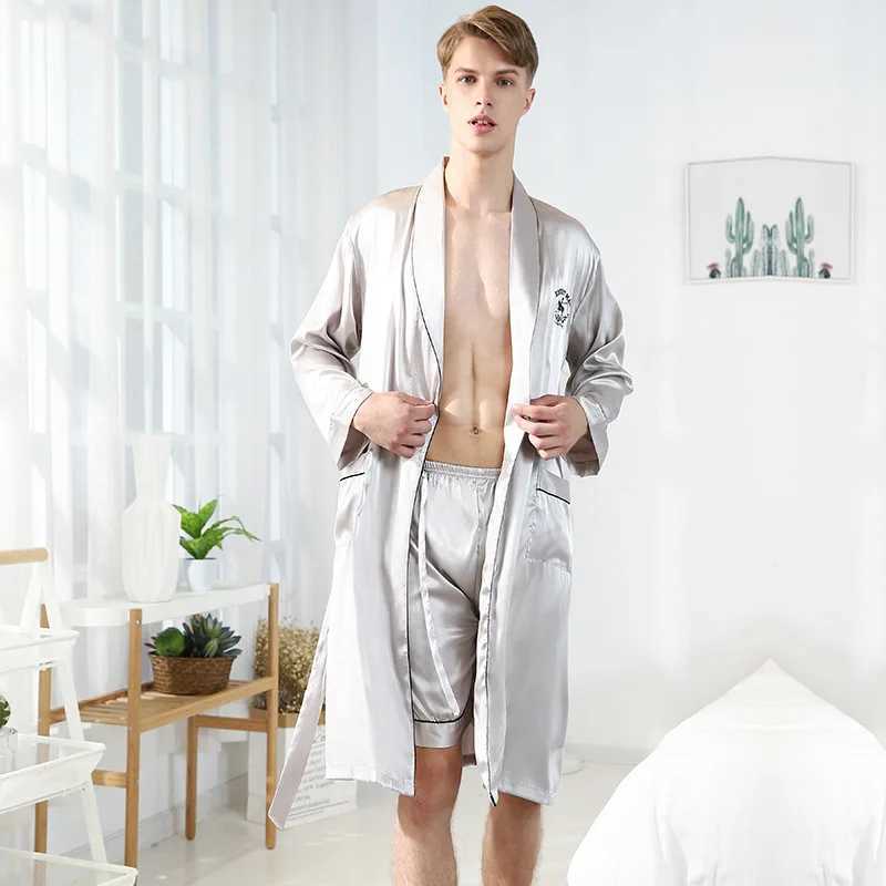 Short 2-piece evening gown mens satin home wear casual wear mens lapel home wear embroidered letter kimono set W241023