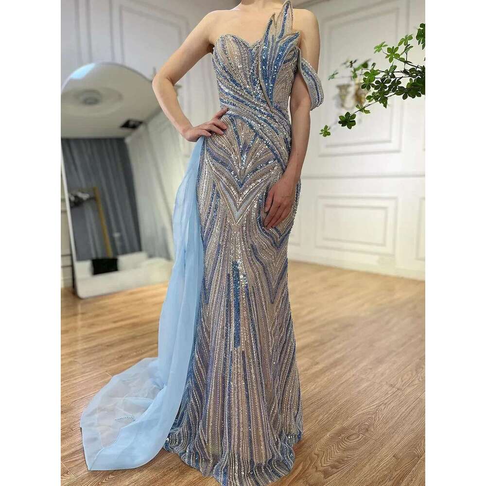 Serene Hill 2024 Arabic Blue One Shoulder Dubai Evening Gown with Side Overskirt Beaded Dress for Women's Party LA72662