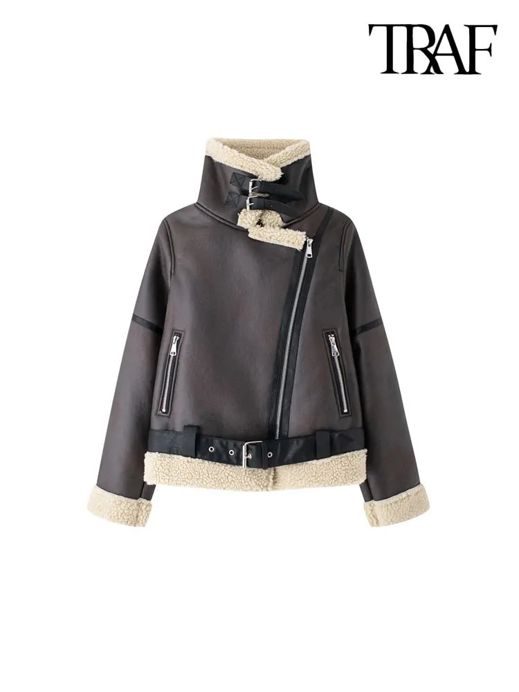 TRAF Womens Thick Warm Suede Jacket with Belt Long Sleeve Coat Artificial Cut Womens Wear Fashion Top Winter Fashion 241023