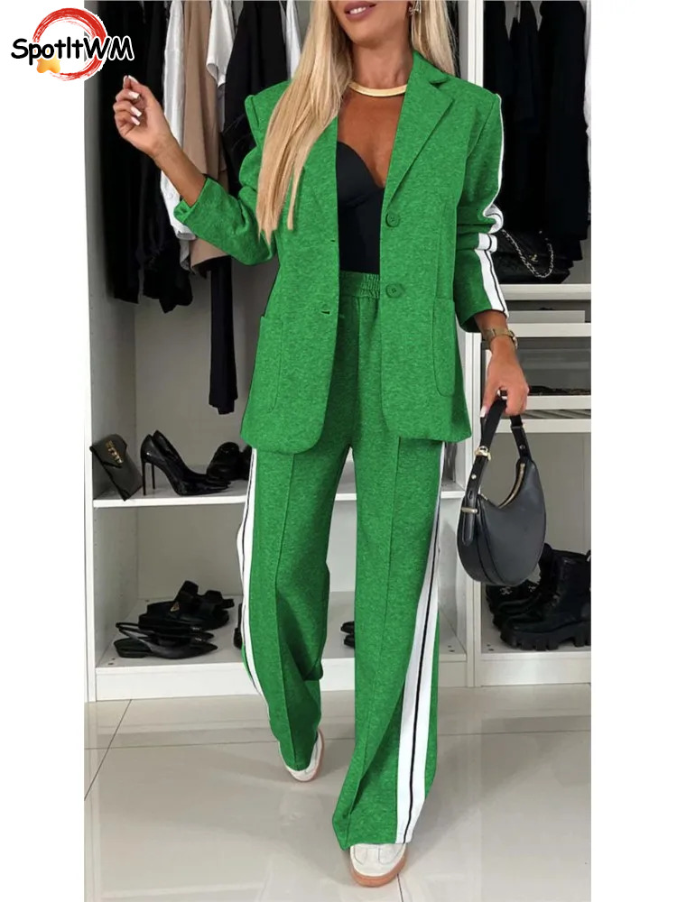 2024 Autumn And Winter New Long Sleeves Women's Suit Fashion Pimp Ing Pants Pocket Female Office Blazer 2 Piece Set