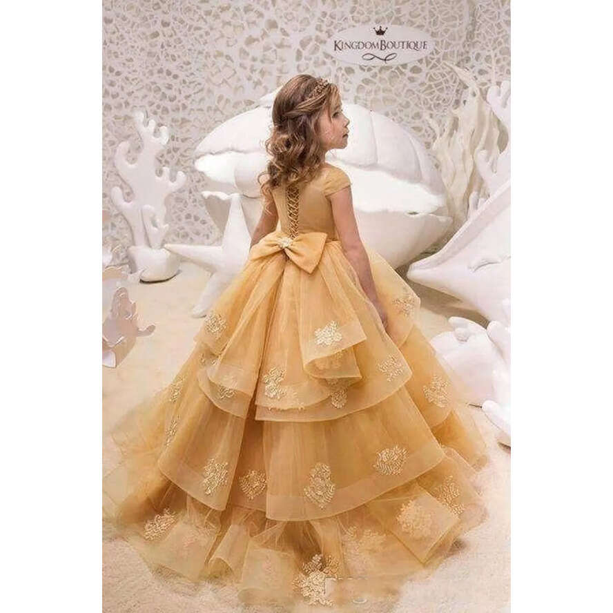 Gold Dresses Princess Wer Cap Short Sleeves A E Appliques Beads Tier Ruffles Girl Pageant Gowns With Bow Sash Croset Back Teens Birthday Party Wears B