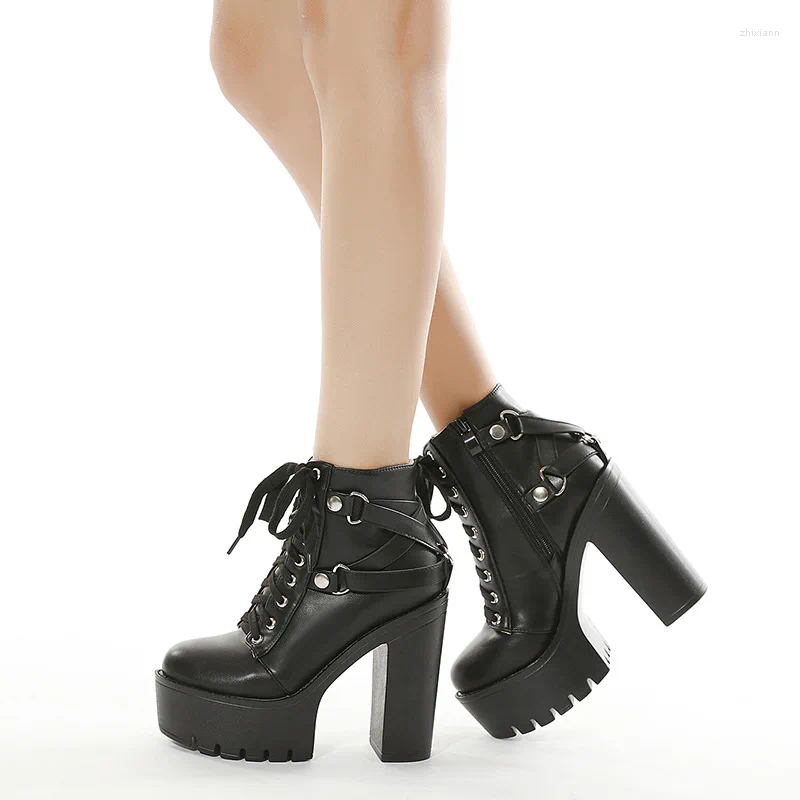 Boots 2024 Women's Black Gothic High Heel Ankle Sexy Chain Punk Style Patent Leather Platform Lace Up Motorcycle