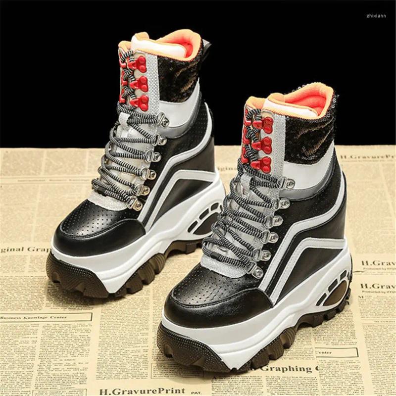 Boots High Top Fashion Sneakers Women Lace Up Genuine Leather Heel Ankle Female Shiny Glitter Round Toe Platform Pumps Shoe
