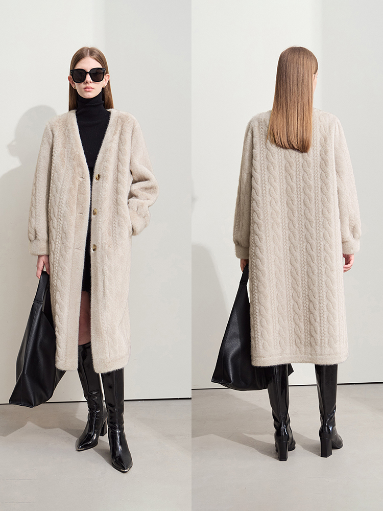 AMII Minimalist Women's Warm Thick Faux V-Neck Imitation Mink Hair Eming 2024 Winter Female Long Fur Outerwear 12424023