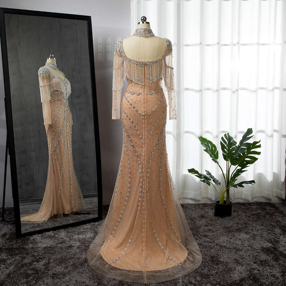 Sexy Serene Hill Sliver Nude Tassel Beaded Mermaid Arabic Long Evening Dresses Gowns For Woman Party