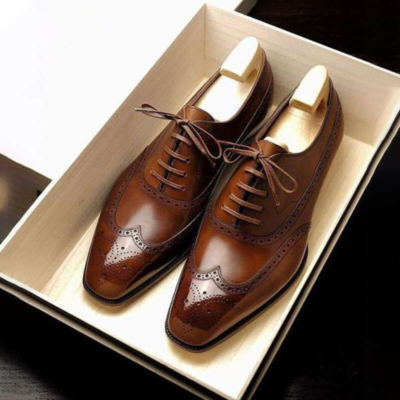 Classic Brogues Brown Black Business Square Head Carved Oxford Lace-up Red Sole Men Dress Shoes