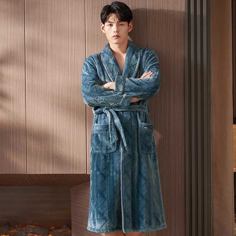 Mens Spwear Long Robes Winter Flannel Thick Terry Robe Mens Long Sve Kimono Warm Bathroom Home Wear Peignoir Mens Robe W241023