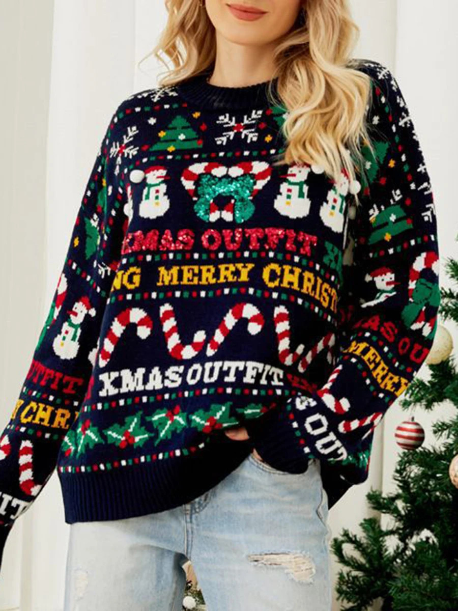 Women s Ugly Christmas Sweaters Long Sleeve Santa Snowman Print Loose Knit Pullovers 241021