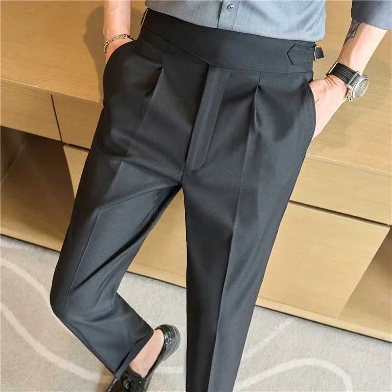 High Waisted Dress Pants 2024 Autumn British Style Solid Casual Trousers Elastic Slim Fit Formal Suit Pants Fashion Men ClothingX241023