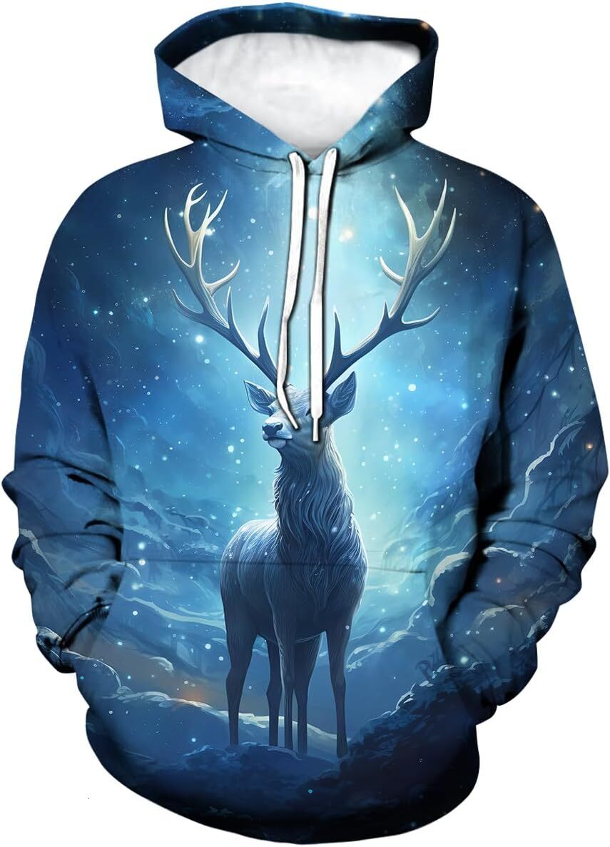 Hoodie for Mens Womens Dream Natural 3D Deer Cool Graphic Hoodie Mysterious Forest Animals Hooded Sweatshirts Pullover, Grey Graphic Trendy Warmth