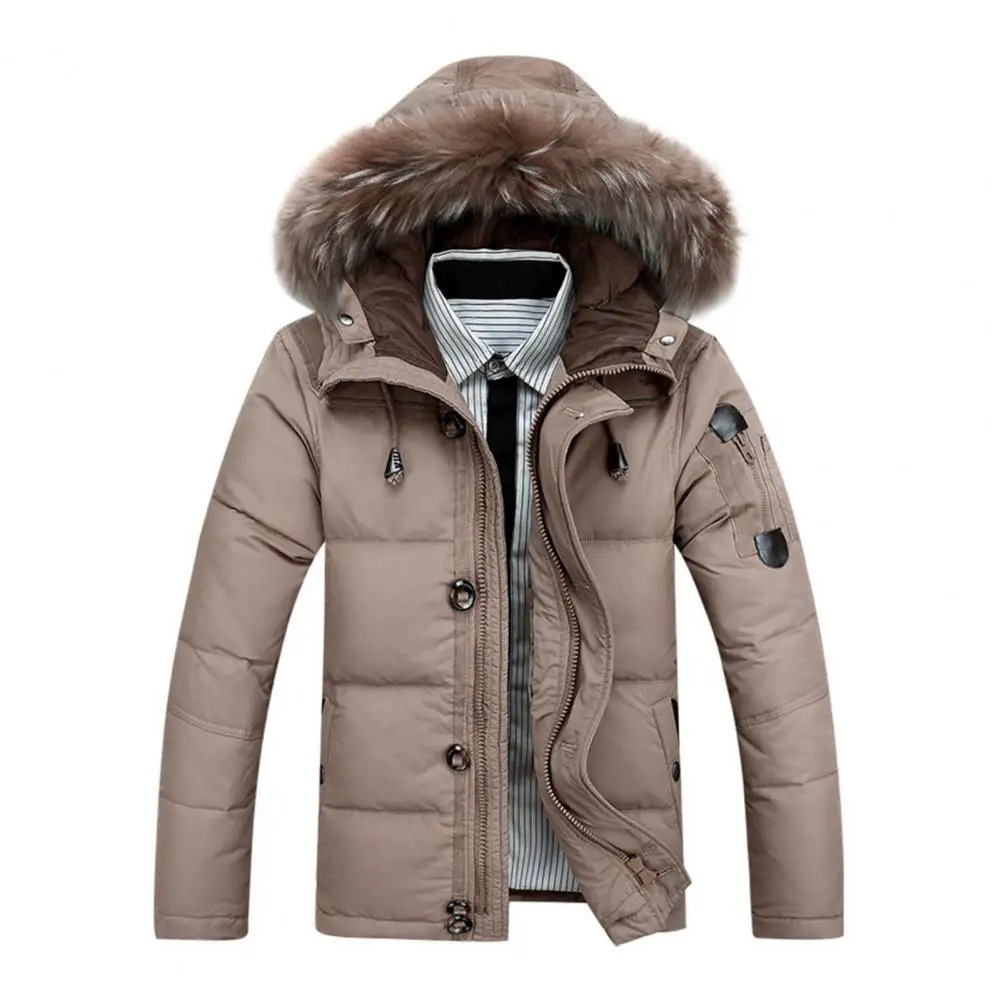 Mens hooded jacket with fur collar brushed solid color winter jacket with zipper suitable for weather 241022