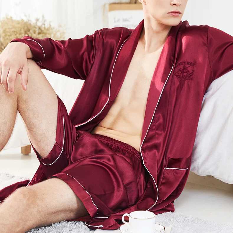 Short 2-piece evening gown mens satin home wear casual wear mens lapel home wear embroidered letter kimono set W241023