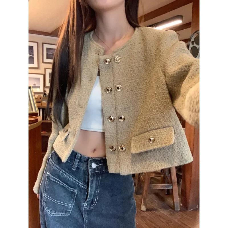 French coarse tweed short jacket with open placket and khaki crew neckline petite fashionable casual niche age reducing top 241023